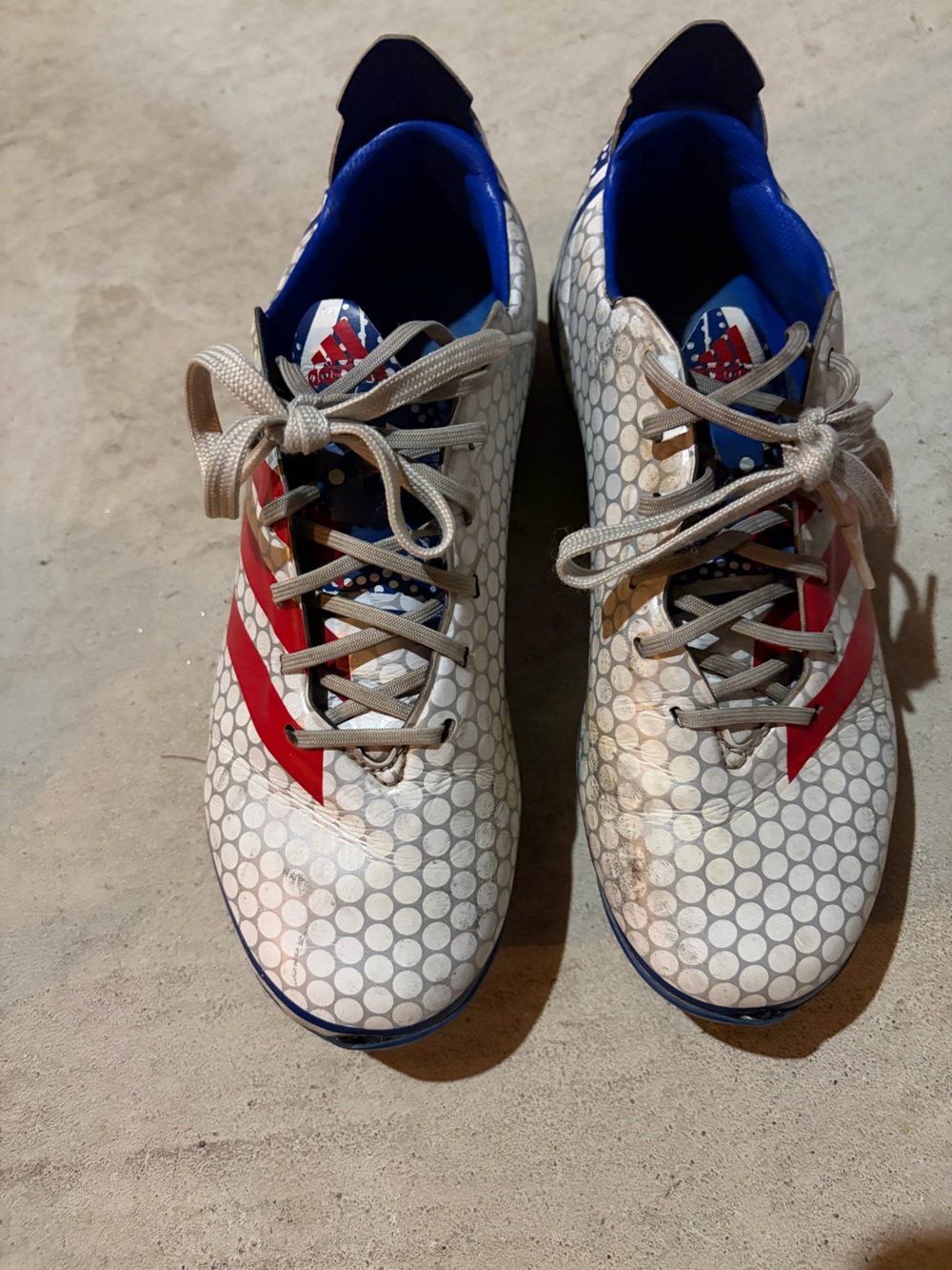 adidas Kids White Soccer Cleats with Red and Blue Accents